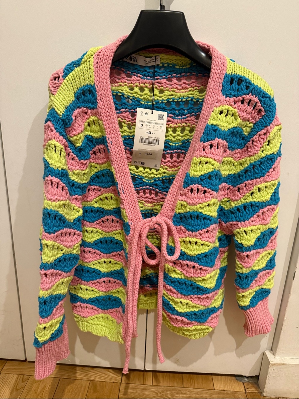 Zara Pink, Blue & Neon Yellow Open-Knit Tie-Front Cardigan